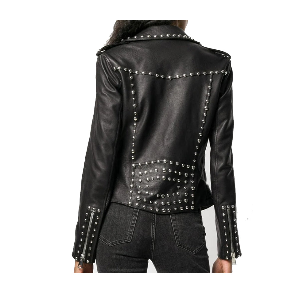Women Silver Studded Leather Jacket Spiked Silver Color Studs Real Leather Black Leather Jacket