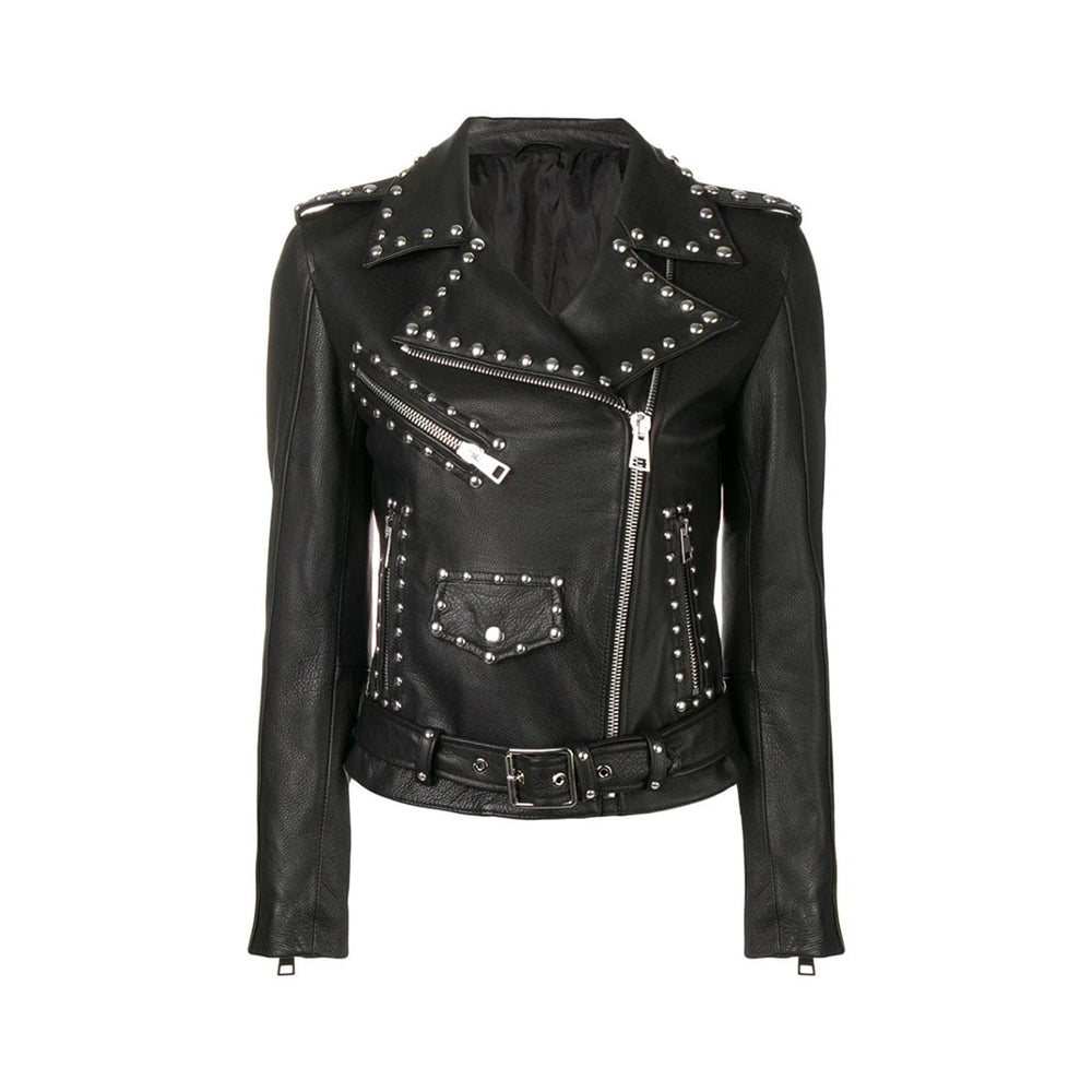 Women Silver Studded Leather Jacket Spiked Silver Color Studs Real Leather Black Leather Jacket