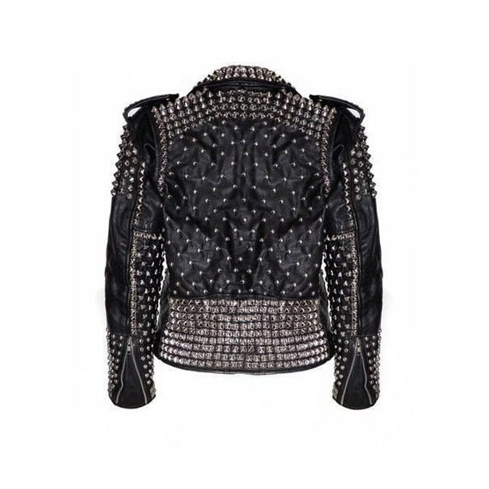 Men's Biker Silver Studded Magnificent Leather Jacket Brando All Sizes Available Black Silver Studs Belted Front Zipper