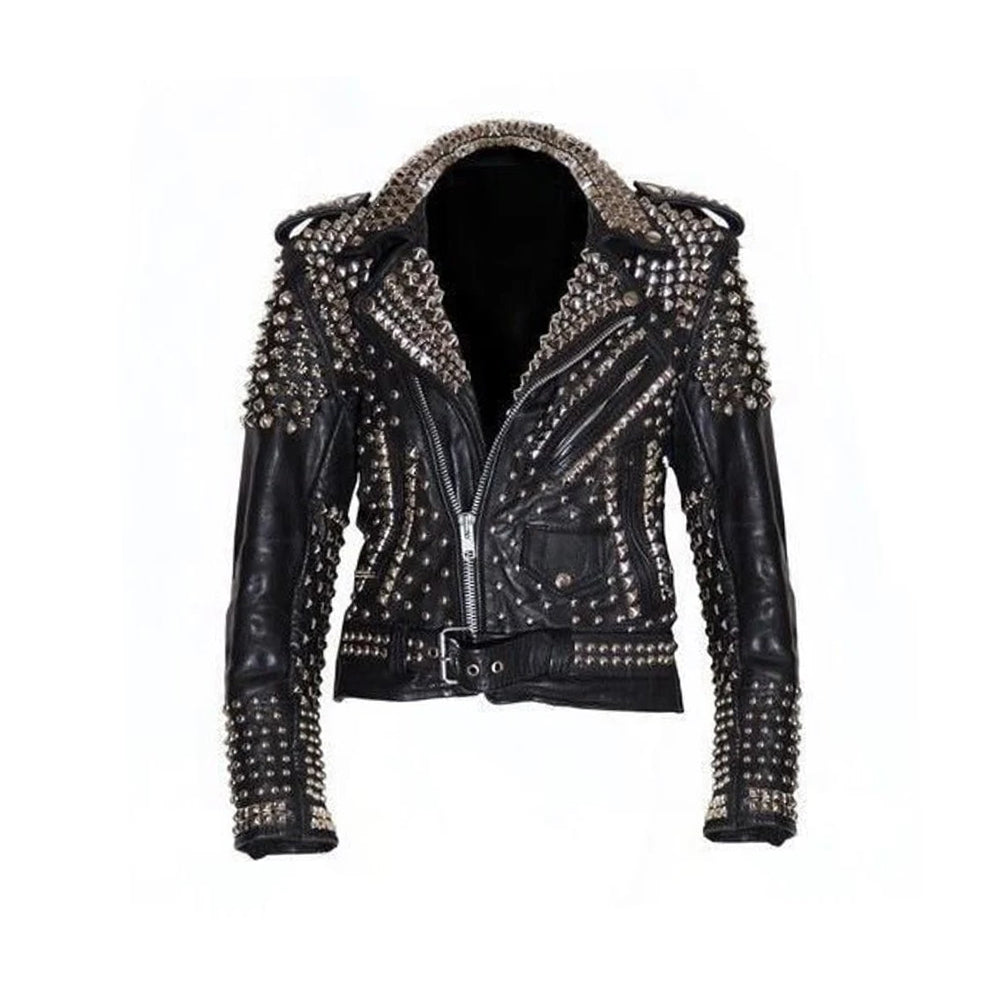 Men's Biker Silver Studded Magnificent Leather Jacket Brando All Sizes Available Black Silver Studs Belted Front Zipper