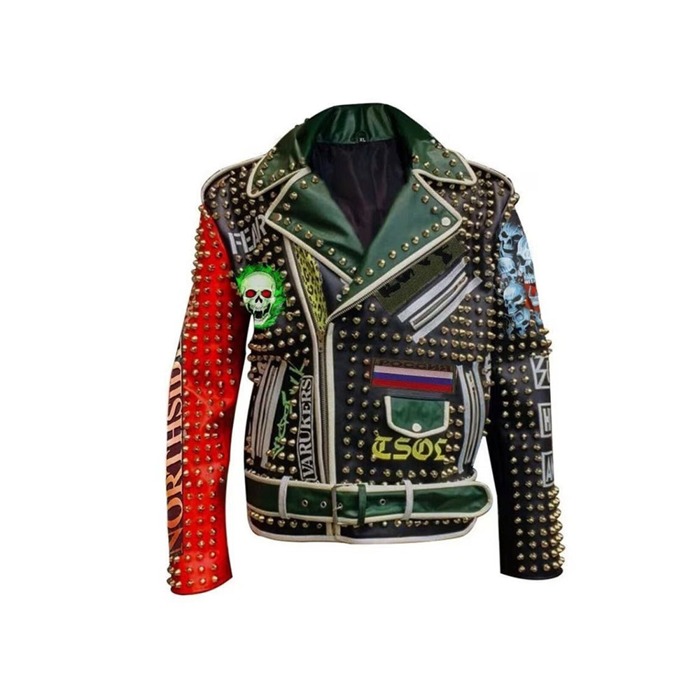 Men Handmade Studded Wear, Burning Skull Punk Fashion, Brando Waist Belted Jacket, Men Outfit Sub Hum Ans Leather, Patches Studded Jacket