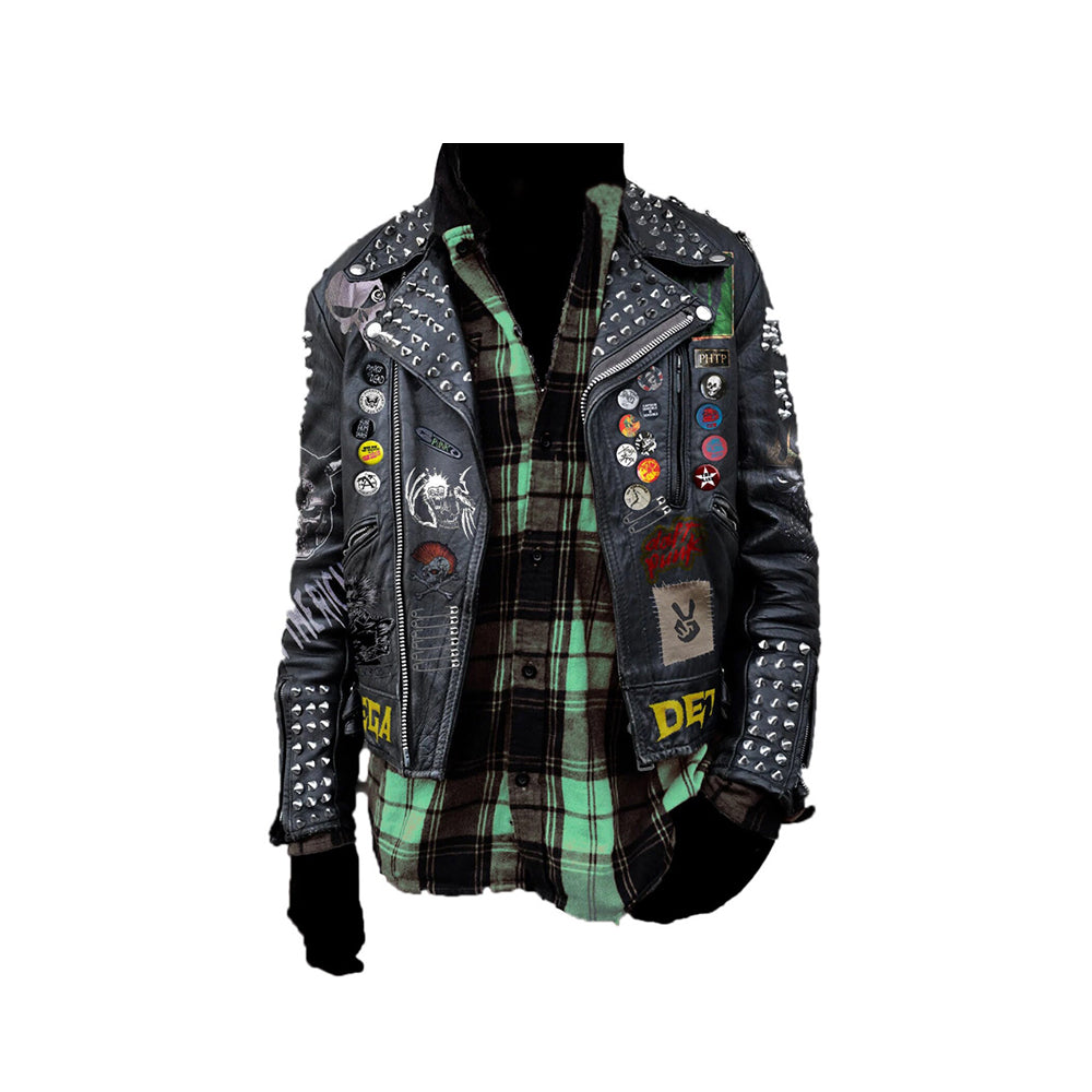 Spiked Pins Badges And Patches Gothic Men, Monster Punk Leather Jacket, Queen Sex Pistol Biker's Outfit, Personalized Studded Skull Fashion